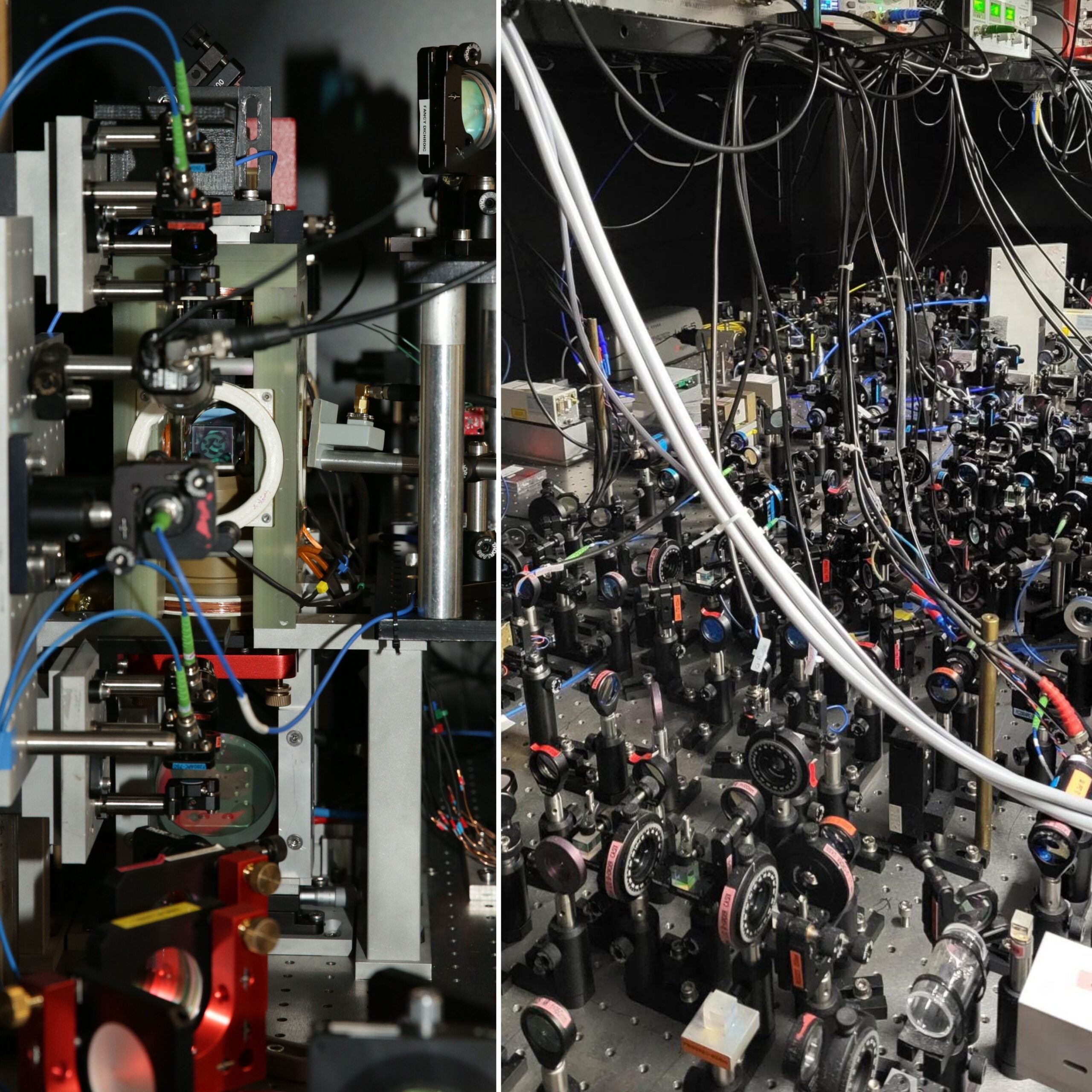 The team trap molecules in a vacuum chamber (left) using magic-wavelength tweezers and other laser beams (right).