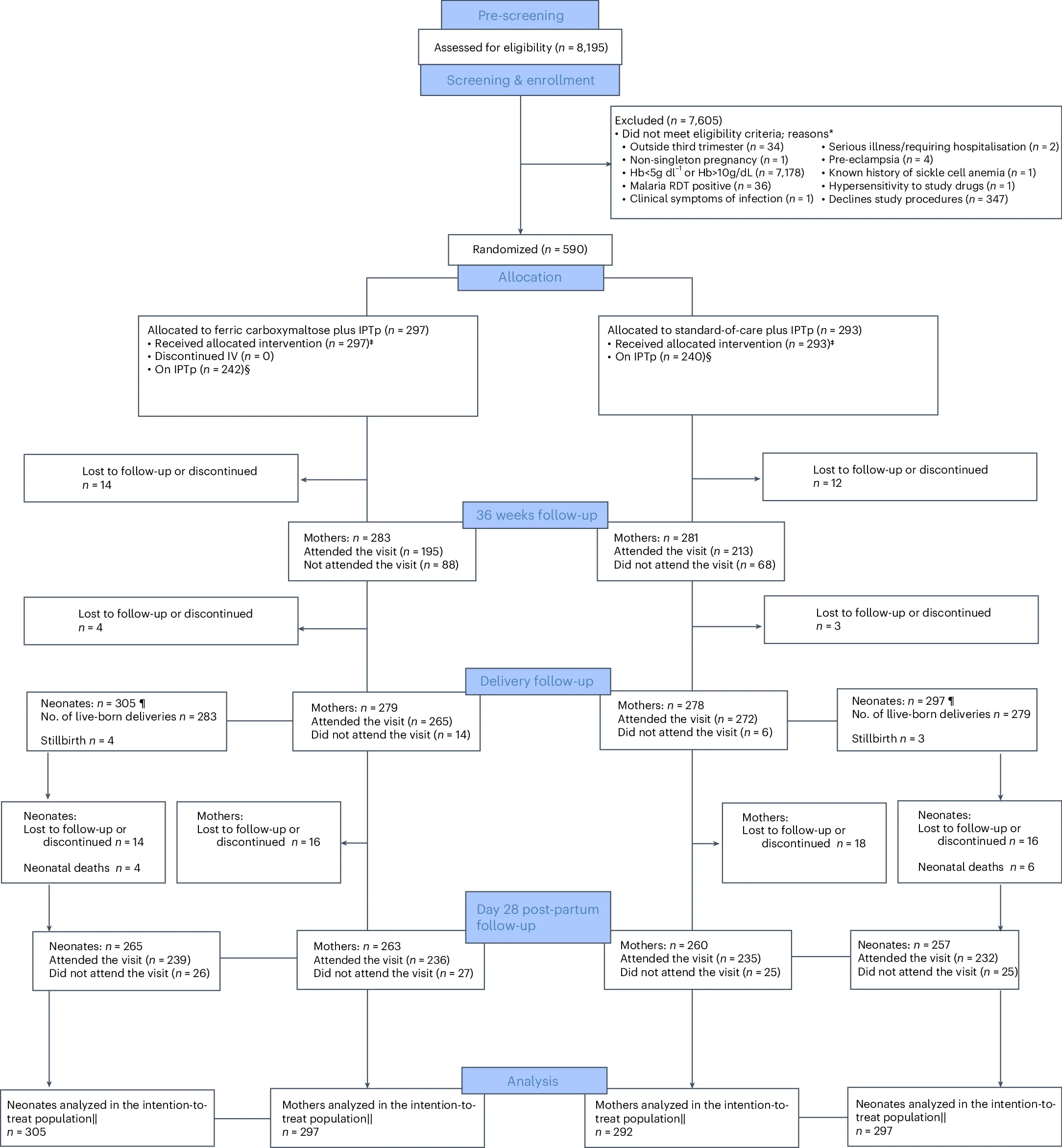 Trial profile with an overview of screening, enrollment and follow-up of participants.