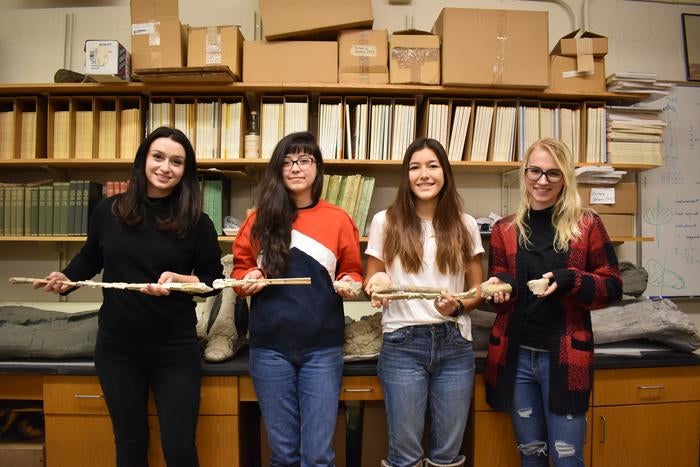 Holding the wing bones of Inabtanin, from left to right: Dr Kierstin Rosenbach, Monique Perez and  Stacy Kaneko (research assistants), and Danielle Goodvin (co-author).

